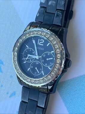 GUESS Black Watch with Crystal-Trim Bezel
